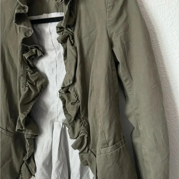 Alice + Olivia Dark Olive Blazer Distressed Ruffle Embellishment & Stand Collar - Picture 6 of 8